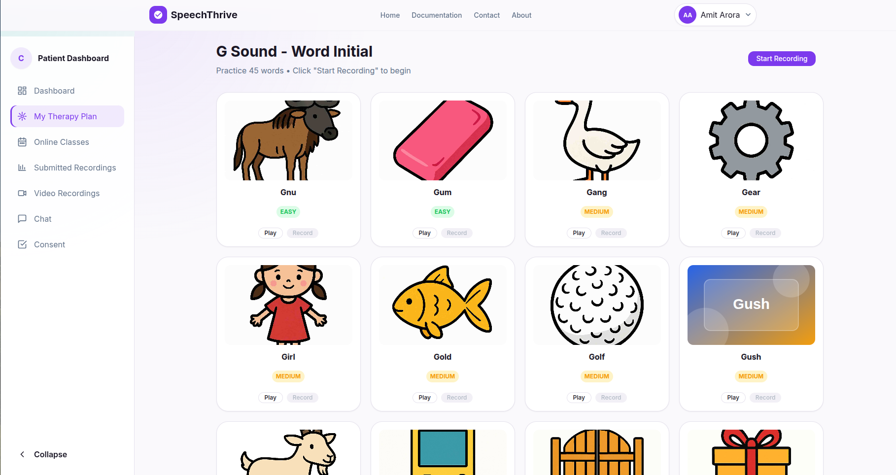 Patient practice tool page
