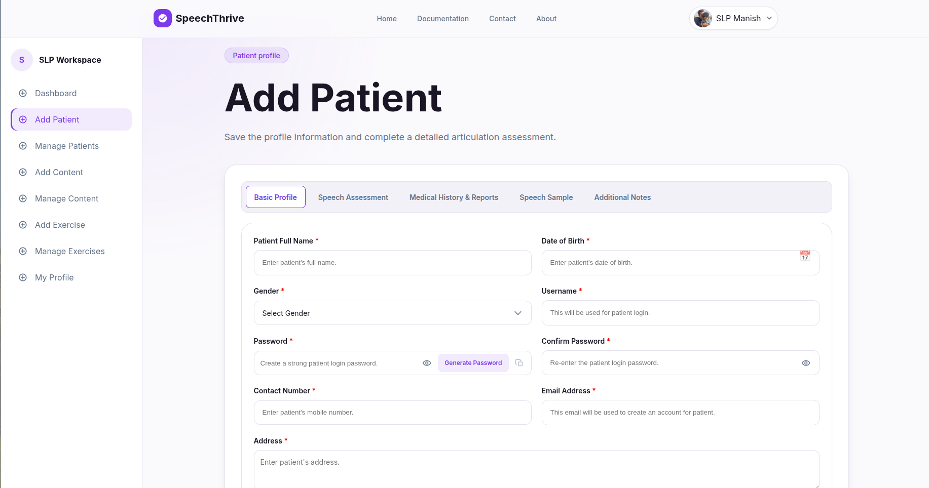 Add patient form for creating a new patient account