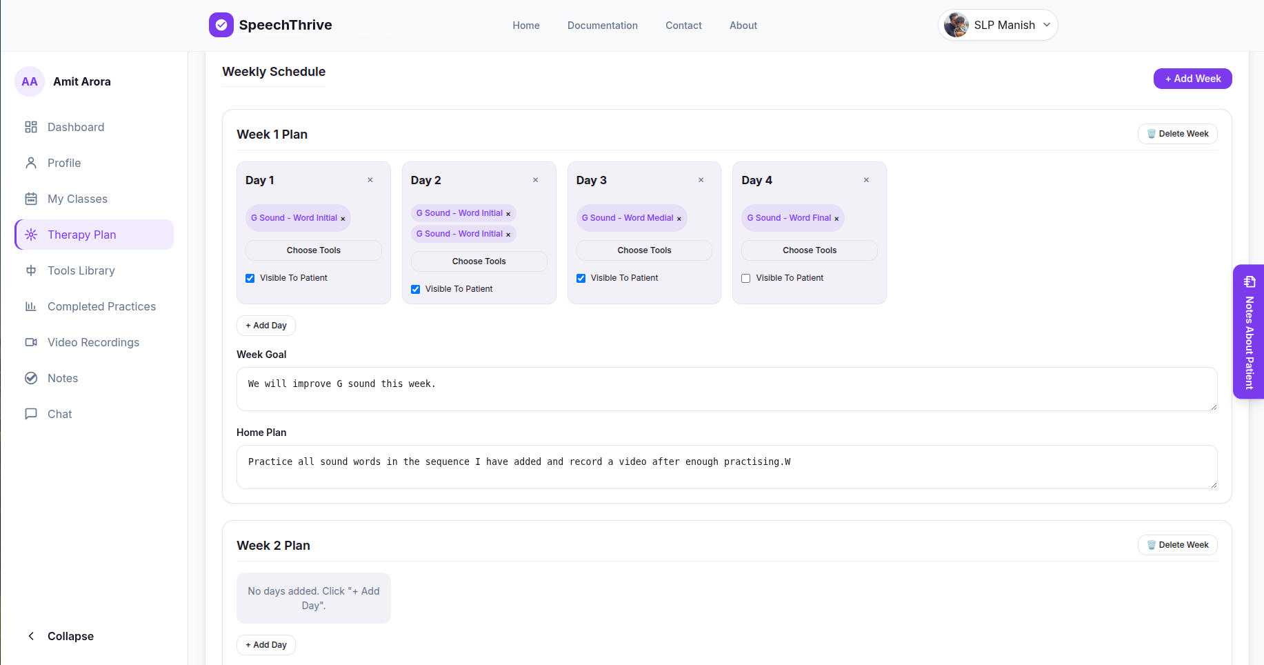 Therapy plan builder for weekly and daily assignments