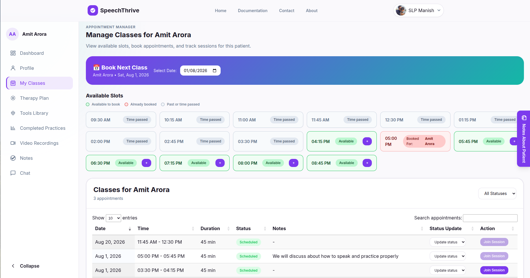 Create appointment screen for scheduling online sessions