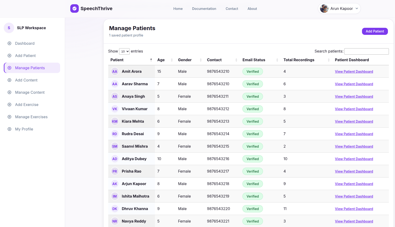 Manage patients list with patient dashboard access